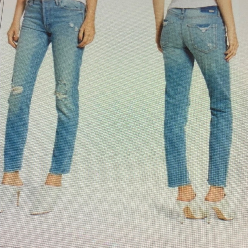 MOTHER Light Blue Distressed Straight Leg Jeans